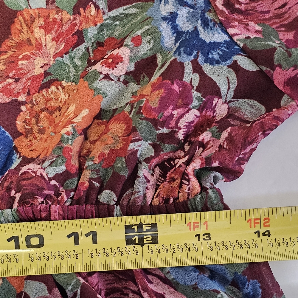 AURA Floral Maxi Dress Burgundy Boho Mock Neck Lantern Sleeve Tiered Belted L - Picture 10 of 11
